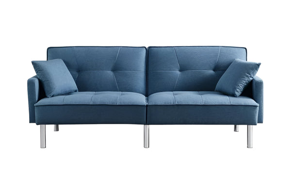 Homeroots 85" Blue Polyester Blend Convertible Futon Sleeper Sofa And Toss Pillows With Silver Legs   544953