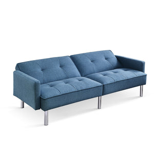 Homeroots 85" Blue Polyester Blend Convertible Futon Sleeper Sofa And Toss Pillows With Silver Legs   544953