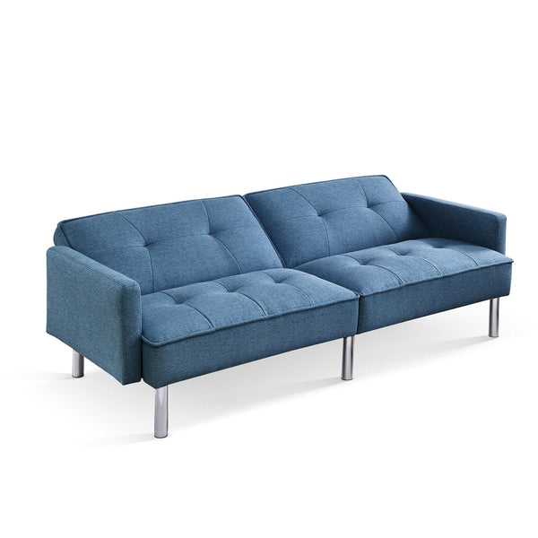Homeroots 85" Blue Polyester Blend Convertible Futon Sleeper Sofa And Toss Pillows With Silver Legs   544953