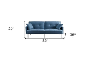 Homeroots 85" Blue Polyester Blend Convertible Futon Sleeper Sofa And Toss Pillows With Silver Legs   544953