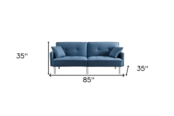 Homeroots 85" Blue Polyester Blend Convertible Futon Sleeper Sofa And Toss Pillows With Silver Legs   544953