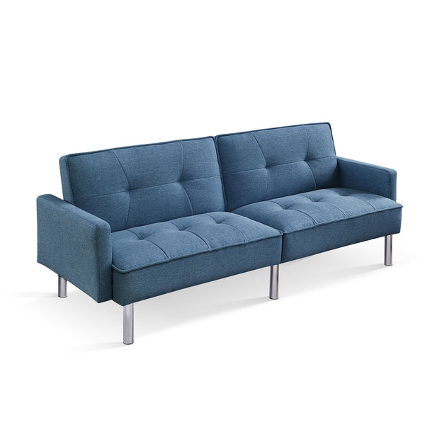 Homeroots 85" Blue Polyester Blend Convertible Futon Sleeper Sofa And Toss Pillows With Silver Legs   544953
