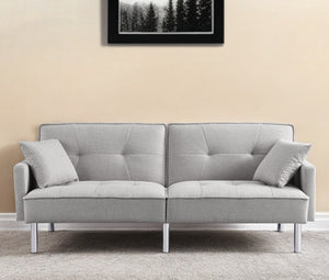 Homeroots 85" Light Gray Polyester Blend Convertible Futon Sleeper Sofa And Toss Pillows With Silver Legs   544954