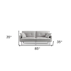 Homeroots 85" Light Gray Polyester Blend Convertible Futon Sleeper Sofa And Toss Pillows With Silver Legs   544954
