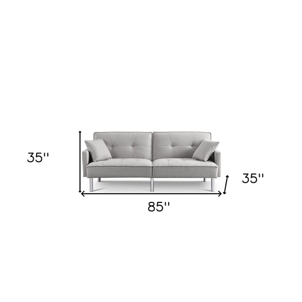 Homeroots 85" Light Gray Polyester Blend Convertible Futon Sleeper Sofa And Toss Pillows With Silver Legs   544954