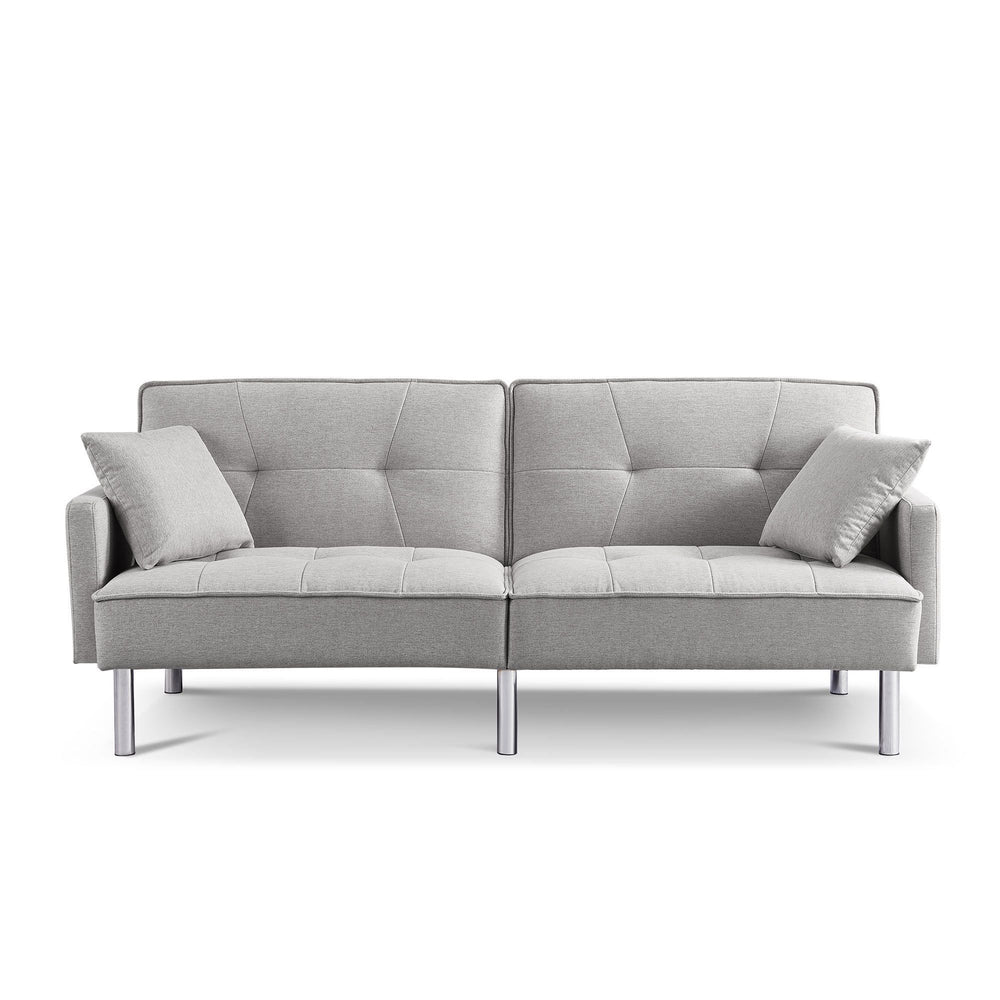 Homeroots 85" Light Gray Polyester Blend Convertible Futon Sleeper Sofa And Toss Pillows With Silver Legs   544954