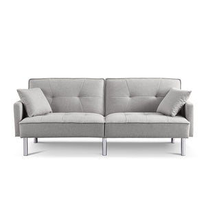 Homeroots 85" Light Gray Polyester Blend Convertible Futon Sleeper Sofa And Toss Pillows With Silver Legs   544954