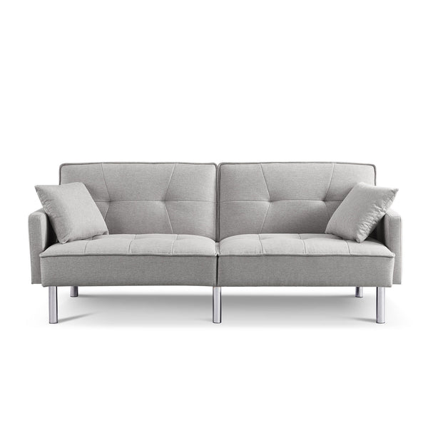 Homeroots 85" Light Gray Polyester Blend Convertible Futon Sleeper Sofa And Toss Pillows With Silver Legs   544954