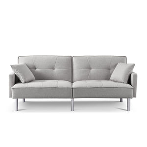 Homeroots 85" Light Gray Polyester Blend Convertible Futon Sleeper Sofa And Toss Pillows With Silver Legs   544954