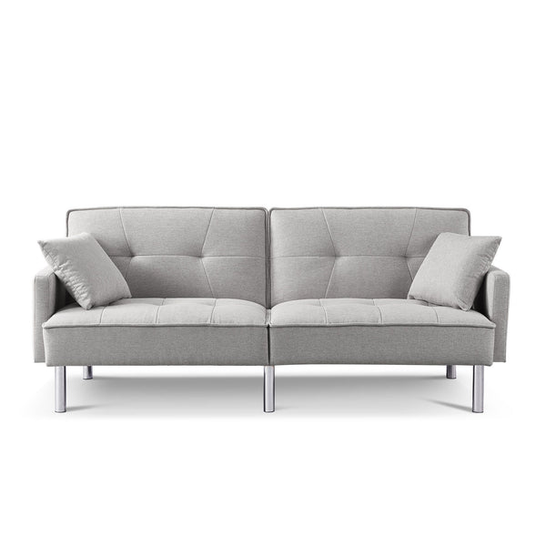 Homeroots 85" Light Gray Polyester Blend Convertible Futon Sleeper Sofa And Toss Pillows With Silver Legs   544954