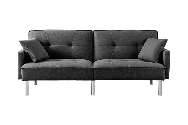 Homeroots 85" Dark Gray Polyester Blend Convertible Futon Sleeper Sofa And Toss Pillows With Silver Legs   544955