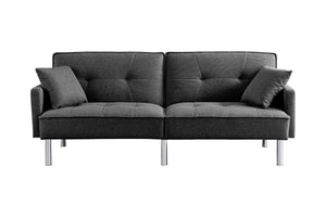 Homeroots 85" Dark Gray Polyester Blend Convertible Futon Sleeper Sofa And Toss Pillows With Silver Legs   544955