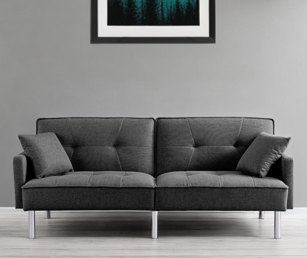 Homeroots 85" Dark Gray Polyester Blend Convertible Futon Sleeper Sofa And Toss Pillows With Silver Legs   544955