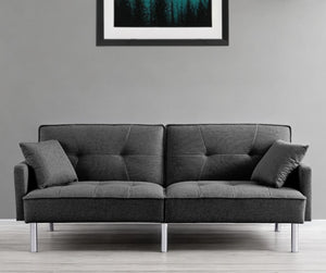 Homeroots 85" Dark Gray Polyester Blend Convertible Futon Sleeper Sofa And Toss Pillows With Silver Legs   544955