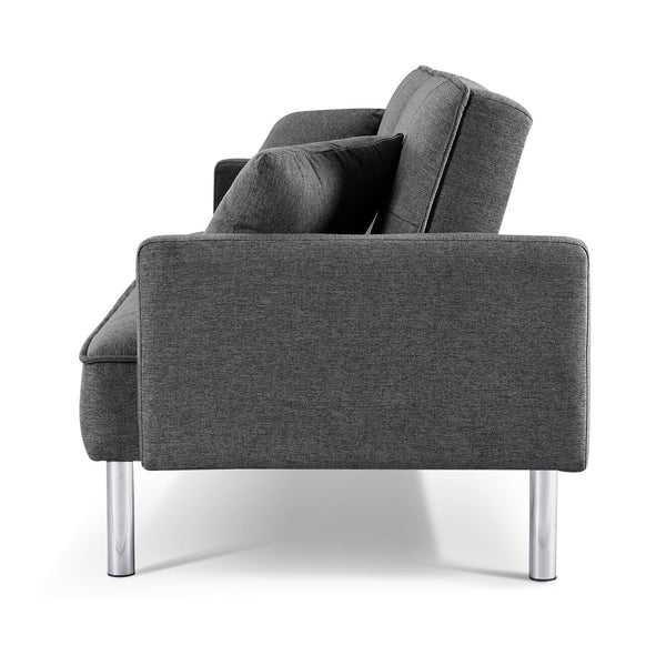 Homeroots 85" Dark Gray Polyester Blend Convertible Futon Sleeper Sofa And Toss Pillows With Silver Legs   544955