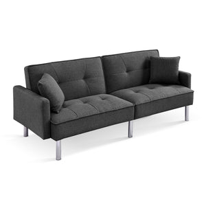 Homeroots 85" Dark Gray Polyester Blend Convertible Futon Sleeper Sofa And Toss Pillows With Silver Legs   544955
