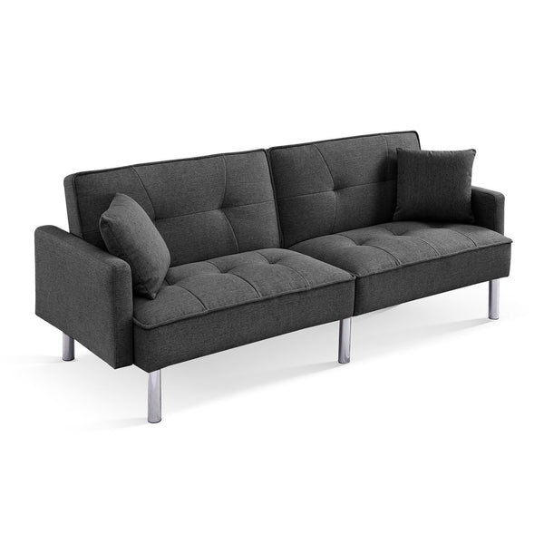 Homeroots 85" Dark Gray Polyester Blend Convertible Futon Sleeper Sofa And Toss Pillows With Silver Legs   544955