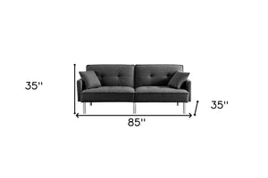 Homeroots 85" Dark Gray Polyester Blend Convertible Futon Sleeper Sofa And Toss Pillows With Silver Legs   544955