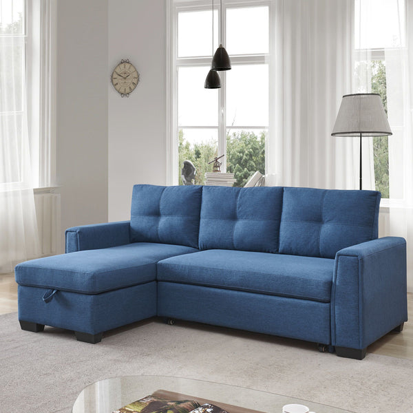 Homeroots 92" Blue Polyester Blend Convertible Futon Sleeper Sofa With Black Legs   544957