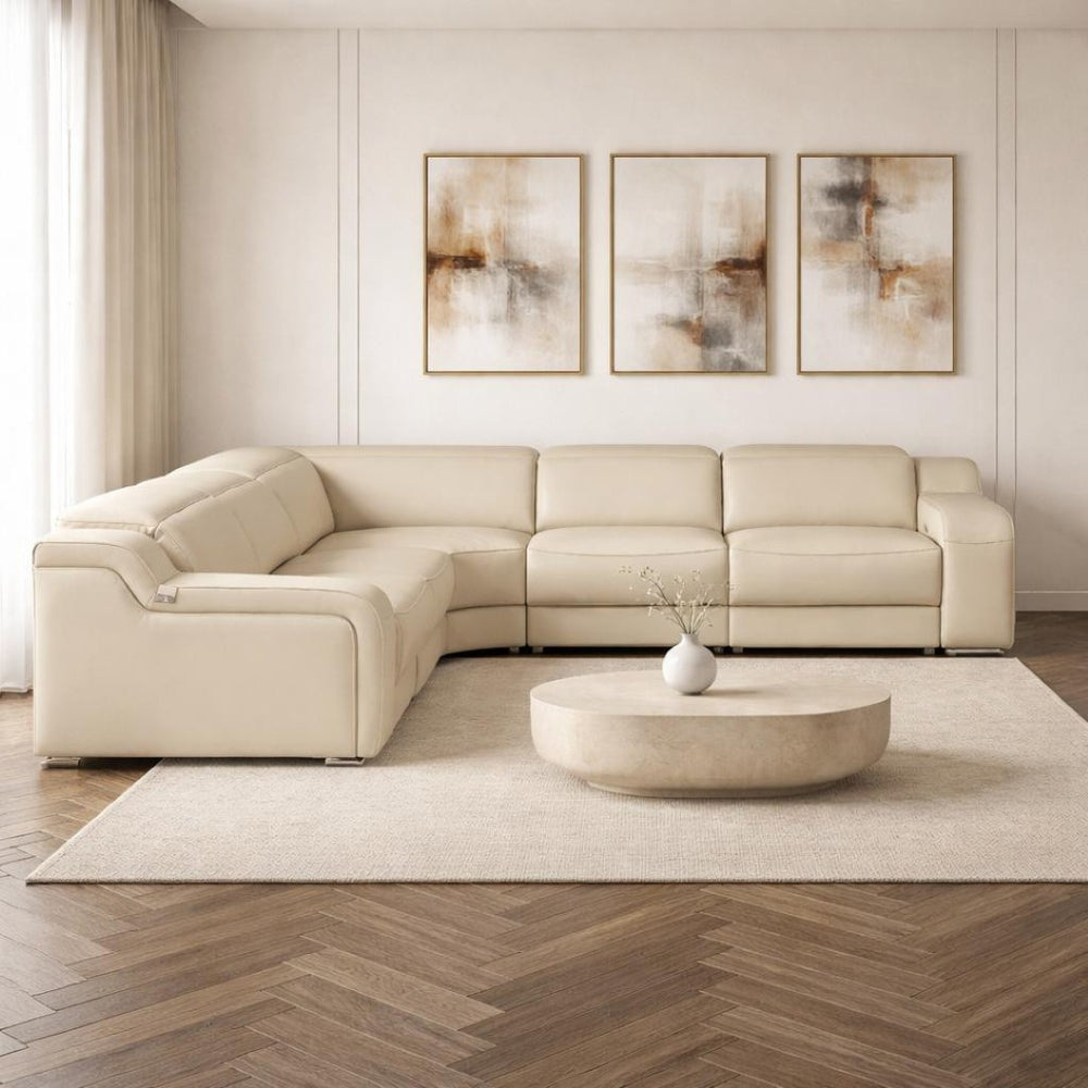 HomeRoots Beige Italian Leather Curved Five-Piece Power Reclining Sectional - Luxurious Comfort & Style! 544975