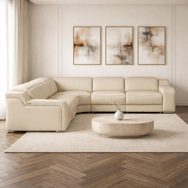 HomeRoots Beige Italian Leather Curved Five-Piece Power Reclining Sectional - Luxurious Comfort & Style! 544975