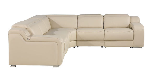 HomeRoots Beige Italian Leather Curved Five-Piece Power Reclining Sectional - Luxurious Comfort & Style! 544975