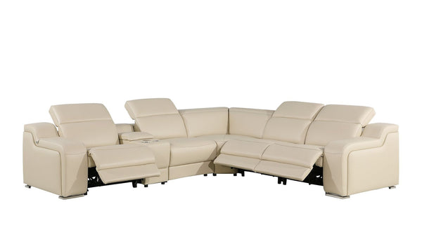 HomeRoots Beige Italian Leather Power Reclining Curved Sectional Sofa with Console - Modern Elegance & Comfort 544976