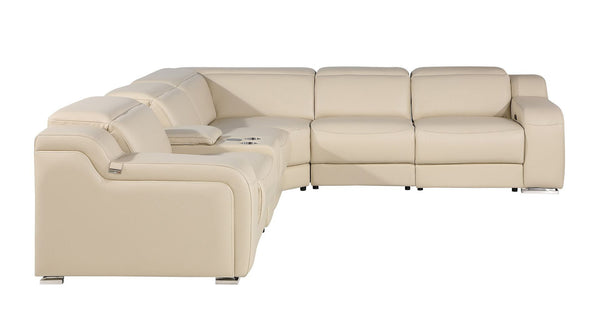 HomeRoots Beige Italian Leather Power Reclining Curved Sectional Sofa with Console - Modern Elegance & Comfort 544976