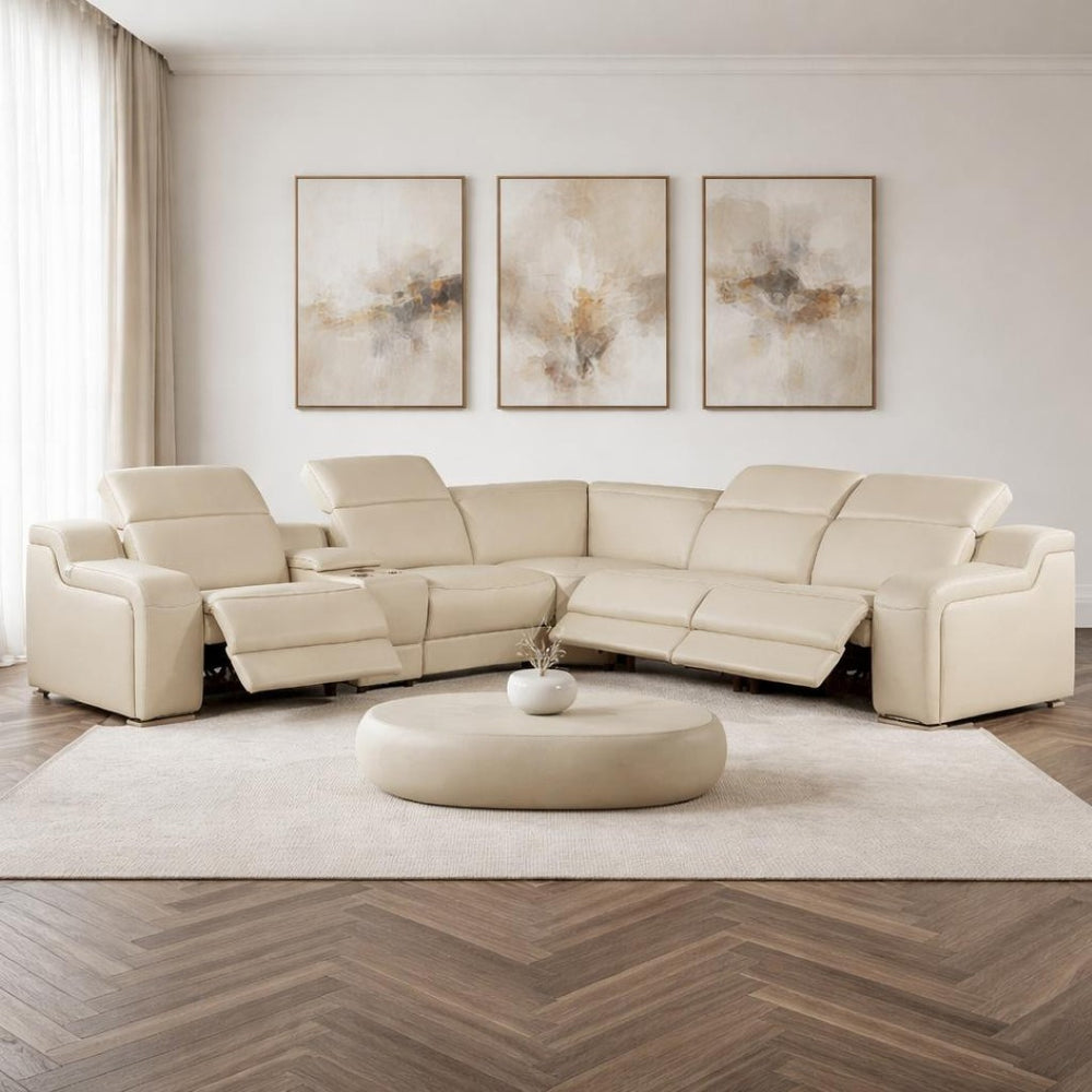 HomeRoots Beige Italian Leather Power Reclining Curved Sectional Sofa with Console - Modern Elegance & Comfort 544976