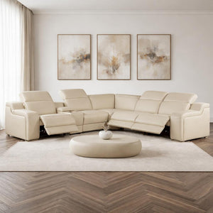 HomeRoots Beige Italian Leather Power Reclining Curved Sectional Sofa with Console - Modern Elegance & Comfort 544976