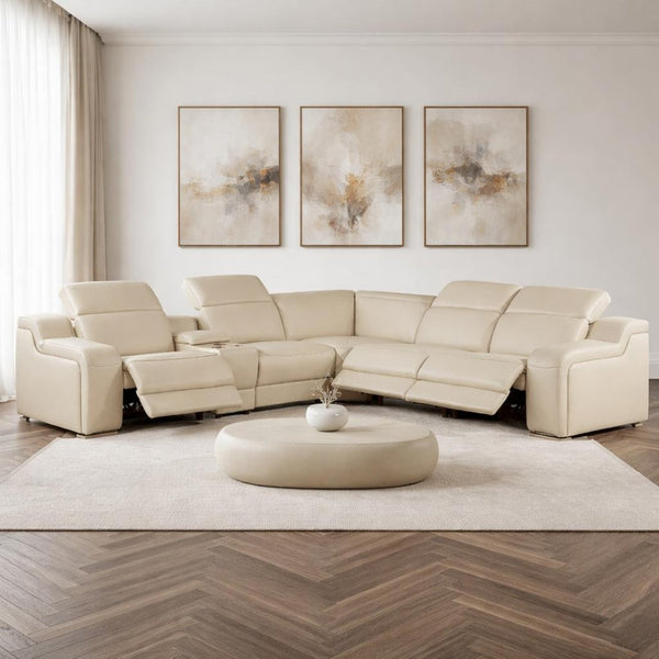 HomeRoots Beige Italian Leather Power Reclining Curved Sectional Sofa with Console - Modern Elegance & Comfort 544976