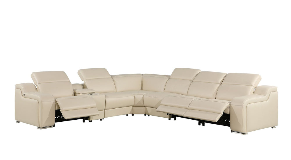 HomeRoots Beige Italian Leather Power Reclining Curved Sectional Sofa with Console – Luxurious Comfort & Style 544977