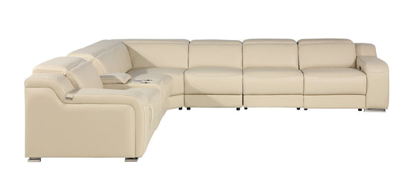 HomeRoots Beige Italian Leather Power Reclining Curved Sectional Sofa with Console – Luxurious Comfort & Style 544977