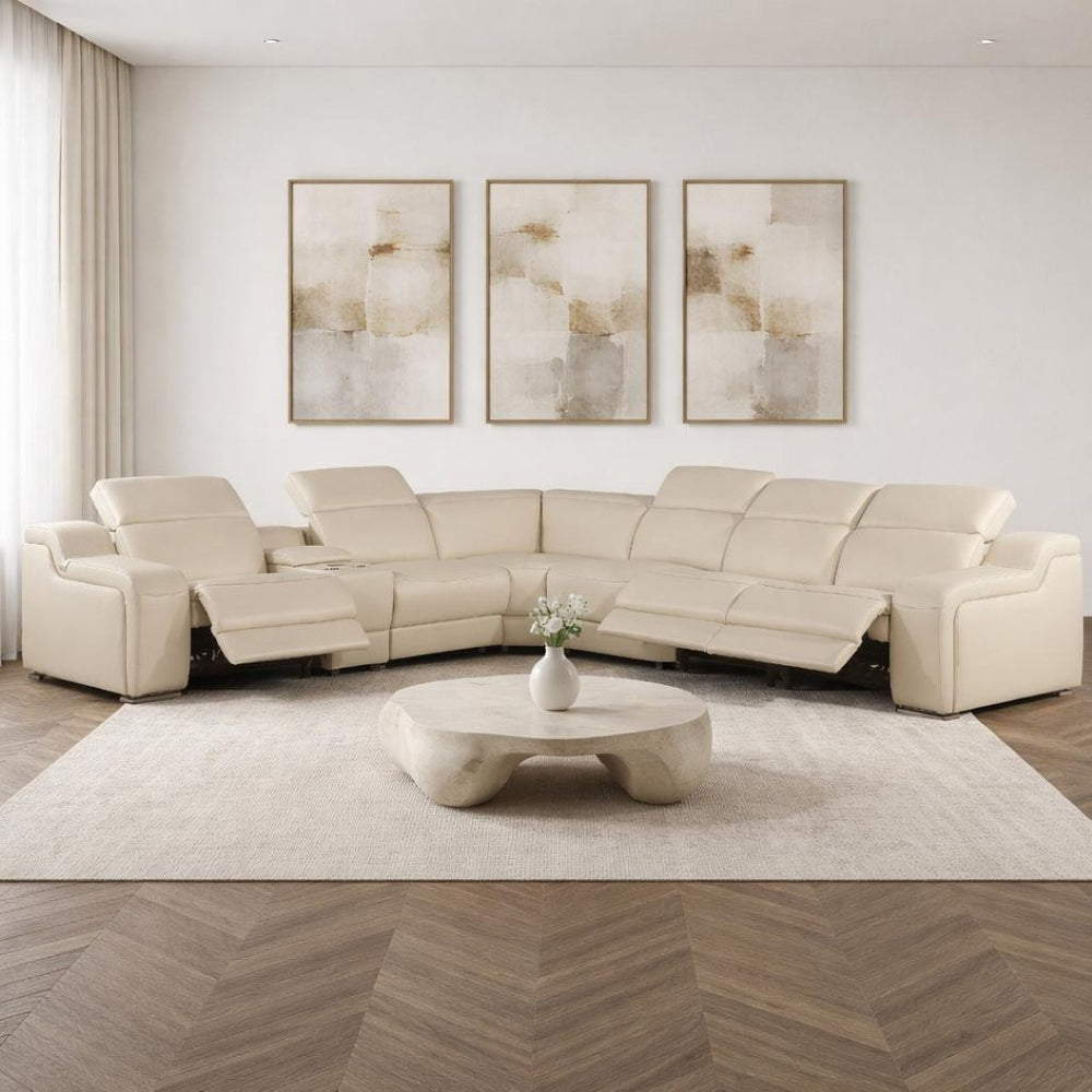HomeRoots Beige Italian Leather Power Reclining Curved Sectional Sofa with Console – Luxurious Comfort & Style 544977