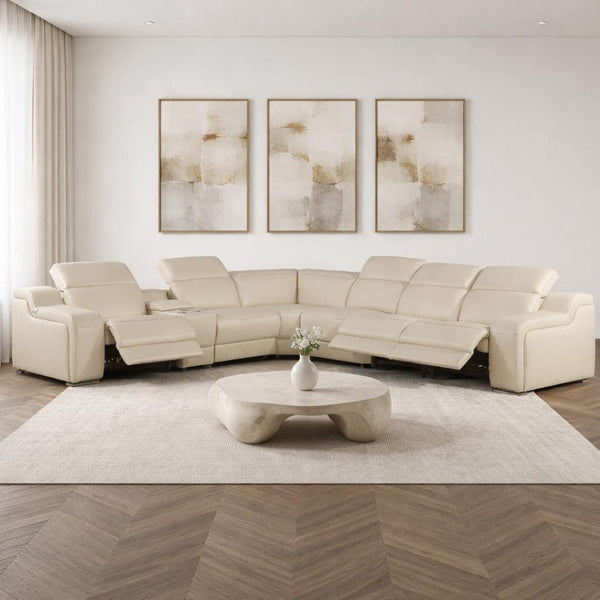HomeRoots Beige Italian Leather Power Reclining Curved Sectional Sofa with Console – Luxurious Comfort & Style 544977
