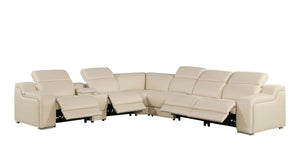HomeRoots Beige Italian Leather Power Reclining Curved Seven-Piece Sectional with Console for Ultimate Comfort 544978