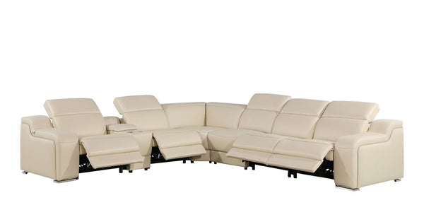 HomeRoots Beige Italian Leather Power Reclining Curved Seven-Piece Sectional with Console for Ultimate Comfort 544978