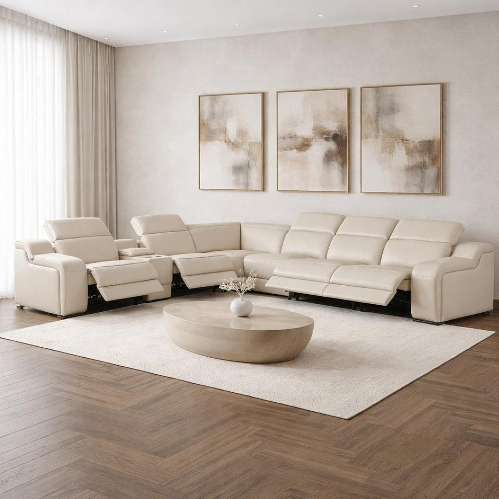 HomeRoots Beige Italian Leather Power Reclining Curved Seven-Piece Sectional with Console for Ultimate Comfort 544978