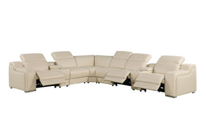 HomeRoots Beige Italian Leather Power Reclining Curved Sectional with Console - Luxurious Comfort & Style! 544979