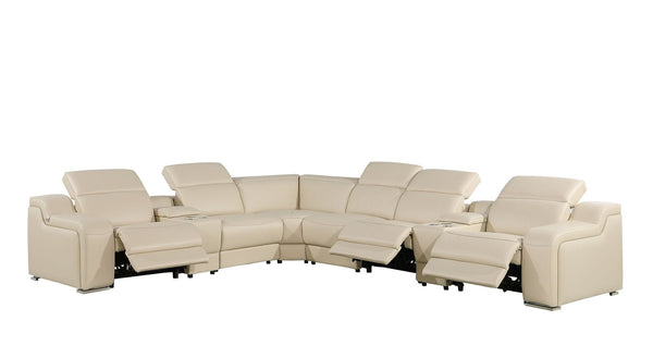 HomeRoots Beige Italian Leather Power Reclining Curved Sectional with Console - Luxurious Comfort & Style! 544979