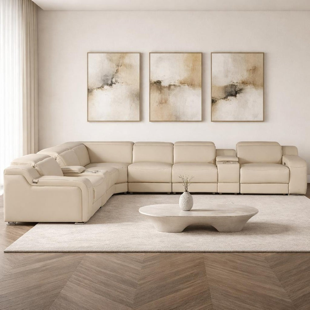 HomeRoots Beige Italian Leather Power Reclining Curved Sectional with Console - Luxurious Comfort & Style! 544979
