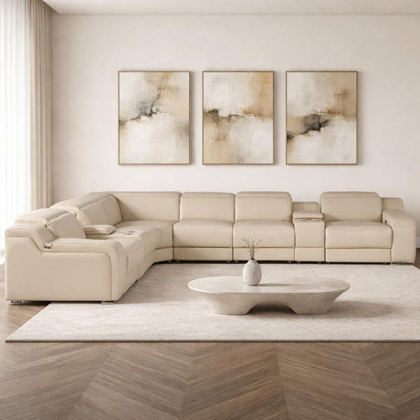 HomeRoots Beige Italian Leather Power Reclining Curved Sectional with Console - Luxurious Comfort & Style! 544979