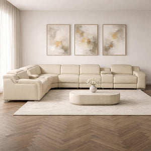 HomeRoots Beige Italian Leather Power Reclining Corner Sectional Sofa - Luxurious, Versatile & Stylish Comfort 544980