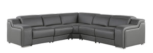 Homeroots Dark Gray Italian Leather Power Reclining L Shaped Five Piece Corner Sectional Dark Grey  544981