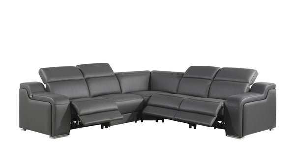 Homeroots Dark Gray Italian Leather Power Reclining L Shaped Five Piece Corner Sectional Dark Grey  544981