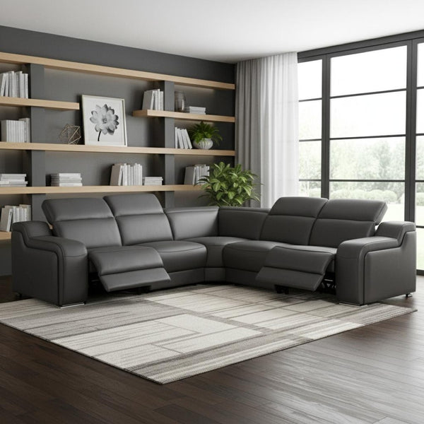 HomeRoots Dark Italian Leather Power Reclining L-Shaped Sectional Sofa for Luxurious Comfort & Style Dark Grey 544981