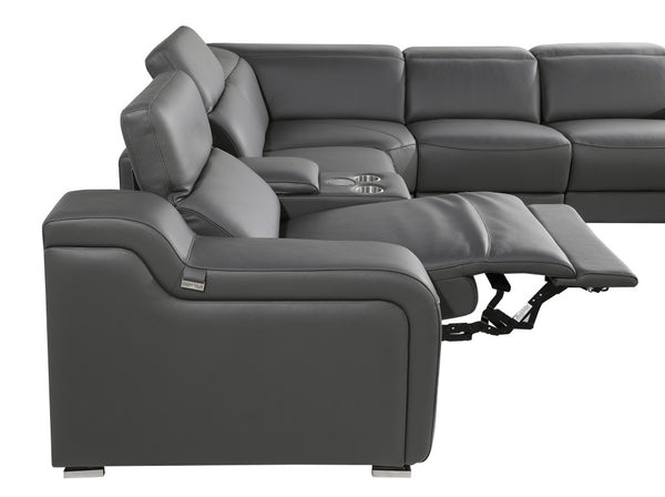 Homeroots Dark Gray Italian Leather Power Reclining L Shaped Five Piece Corner Sectional Dark Grey  544981