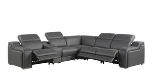 HomeRoots Dark Italian Leather Power Reclining L-Shaped Sectional Sofa with Console for Ultimate Comfort Dark Grey 544982