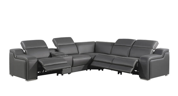 HomeRoots Dark Italian Leather Power Reclining L-Shaped Sectional Sofa with Console for Ultimate Comfort Dark Grey 544982