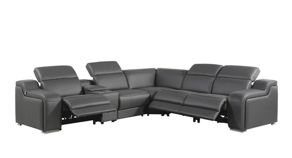 Homeroots Dark Gray Italian Leather Power Reclining L Shaped Six Piece Corner Sectional With Console Dark Grey  544982